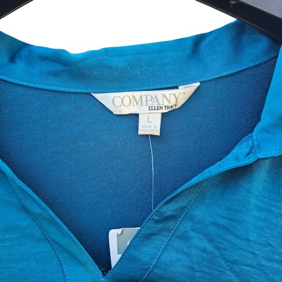 Company Ellen Tracy Sz L Enamel Blue Long Sleeve Roll Tab Blouse Lightweight NWT - Picture 13 of 14